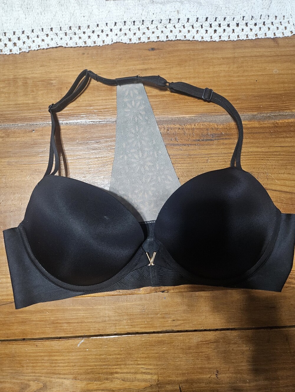 Victoria's Secret Black Racerback Push-Up Bra with Mesh Panel and Gold Accent